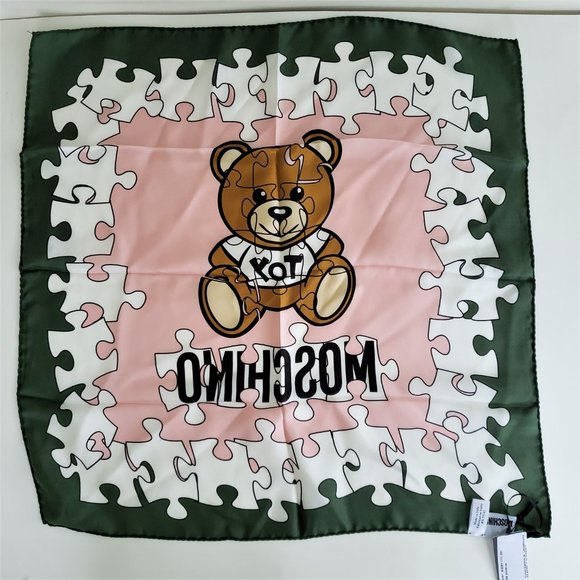 NWT Moschino 100% Silk Scarf Teddy Bear Toy Puzzle Piece - Picture 3 of 5